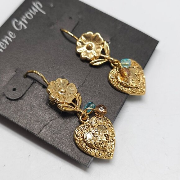 Gold Tone Heart Flower Blue Crystal Dangle Earrings By Darlene Group - Picture 2 of 4